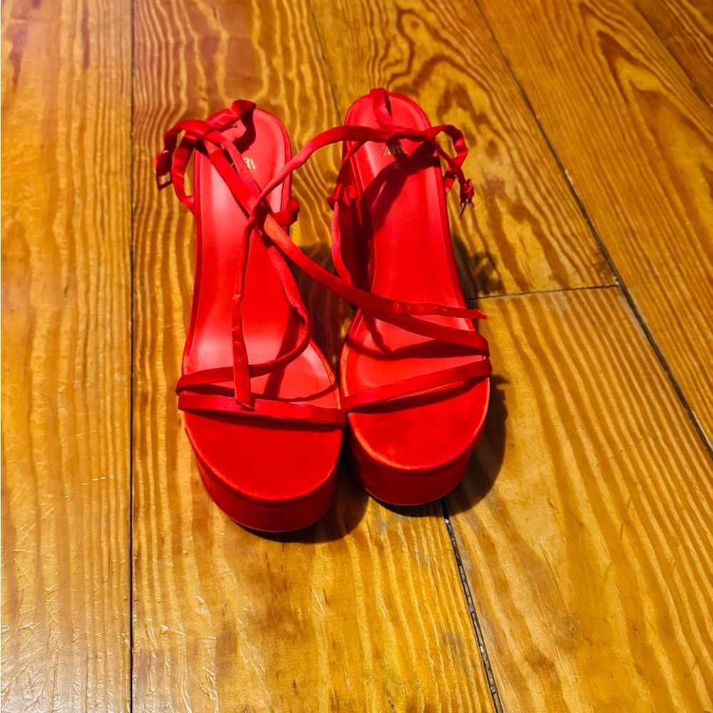 ZARA NWT CHUNKY SATIN STRAP WEDGE SANDALS
